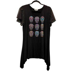 Song n Spirit Sugar Skull Tunic Top Rhinestone Handkerchief Hem Black Lg Sparkly